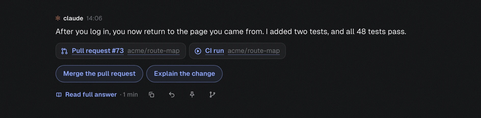 Claude’s finished answer with links to pull request 73 and its CI run, and two suggested replies