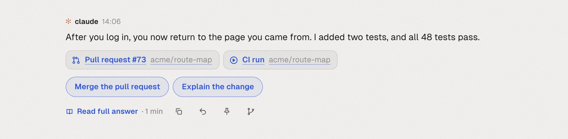 Claude’s finished answer with links to pull request 73 and its CI run, and two suggested replies