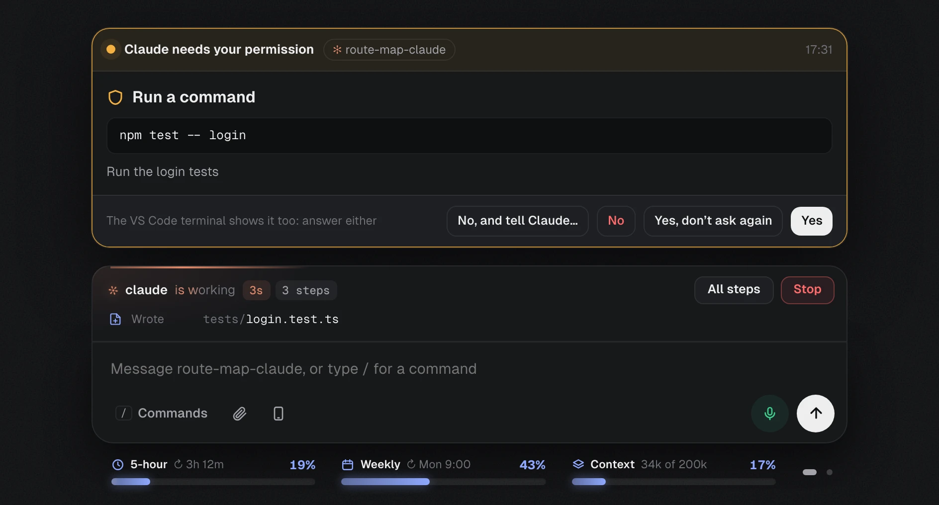 A request from Claude to run the login tests, with the buttons Yes and No, above the message box