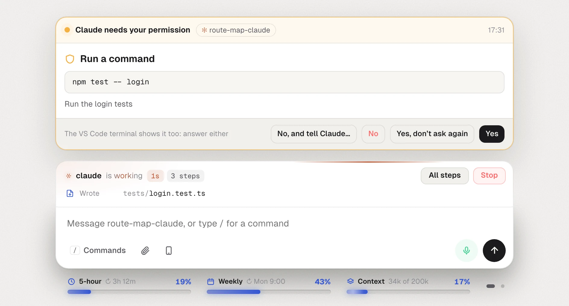 A request from Claude to run the login tests, with the buttons Yes and No, above the message box and the usage meters