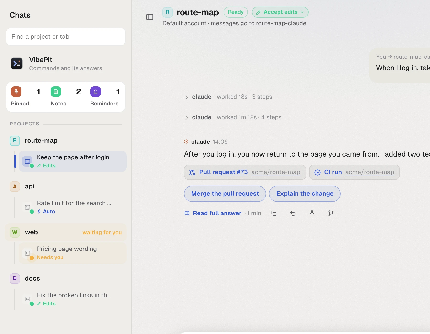 The Chats list with four projects, one waiting for you, beside the route-map conversation