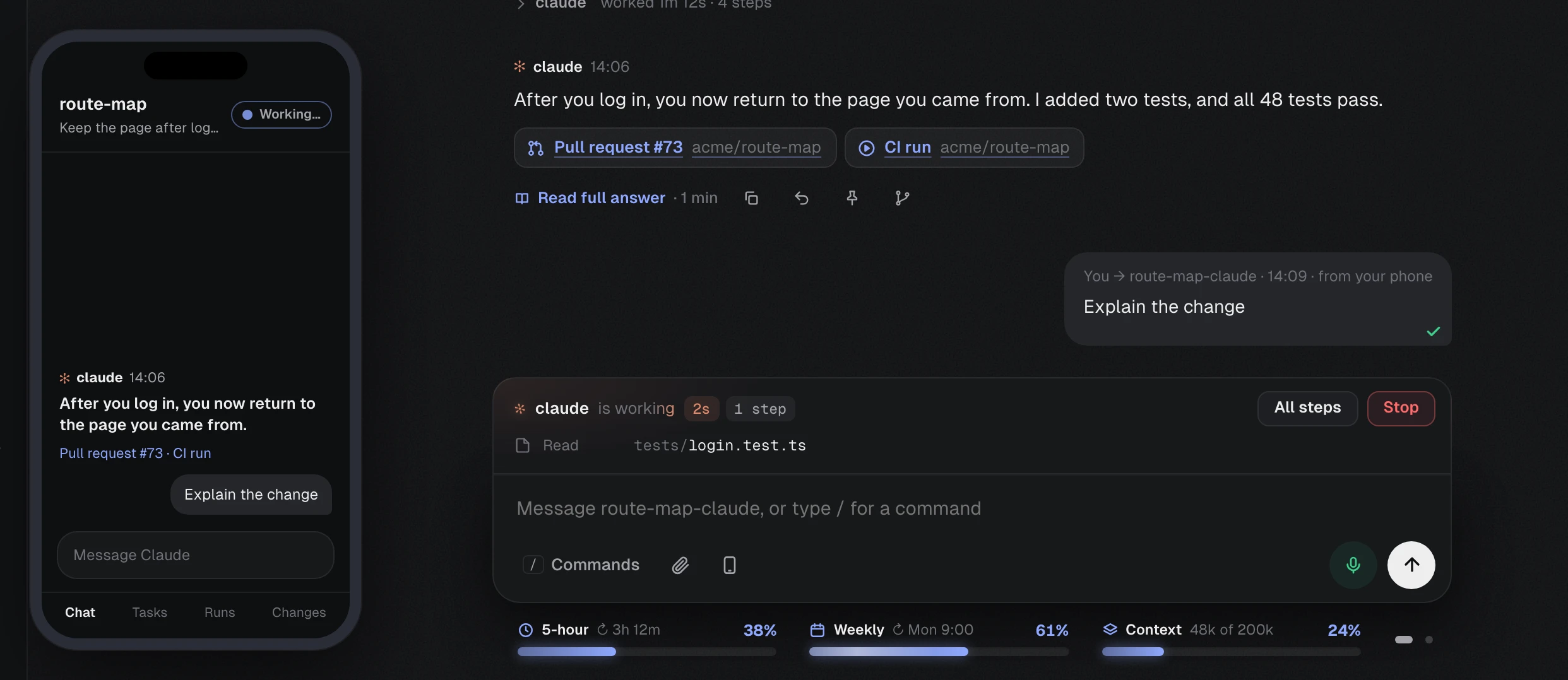 VibePit on a phone sending Explain the change, and the message arriving in the Chat on the Mac