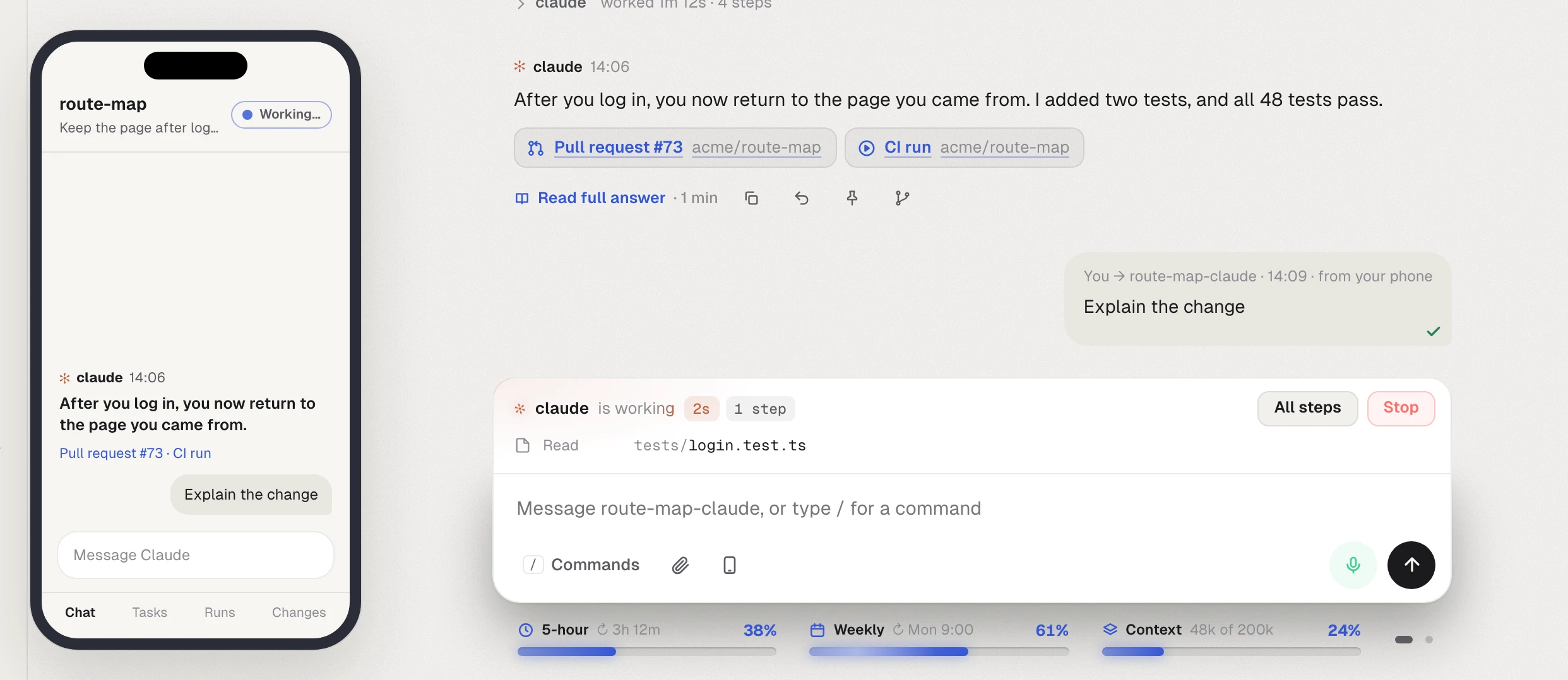 VibePit on a phone sending Explain the change, and the message arriving in the chat on the Mac