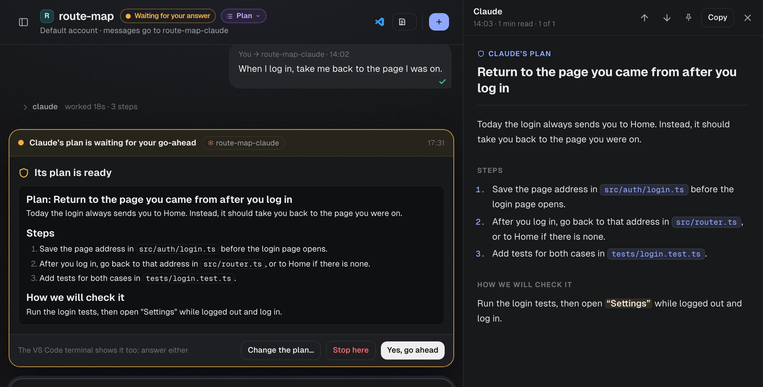 Claude’s plan waiting for approval in the Chat, and the same plan laid out as a document beside it