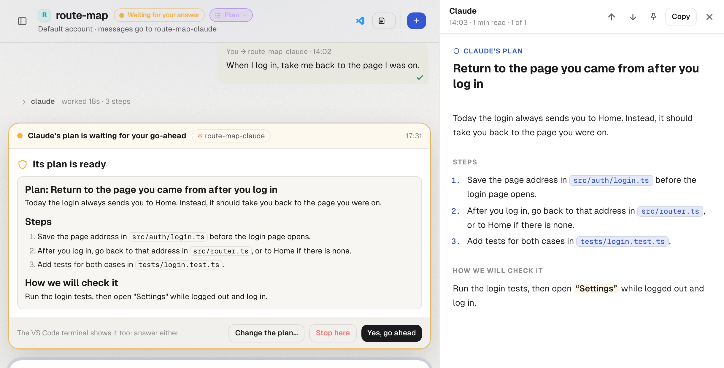 Claude’s plan waiting for approval in the chat, and the same plan laid out as a document beside it